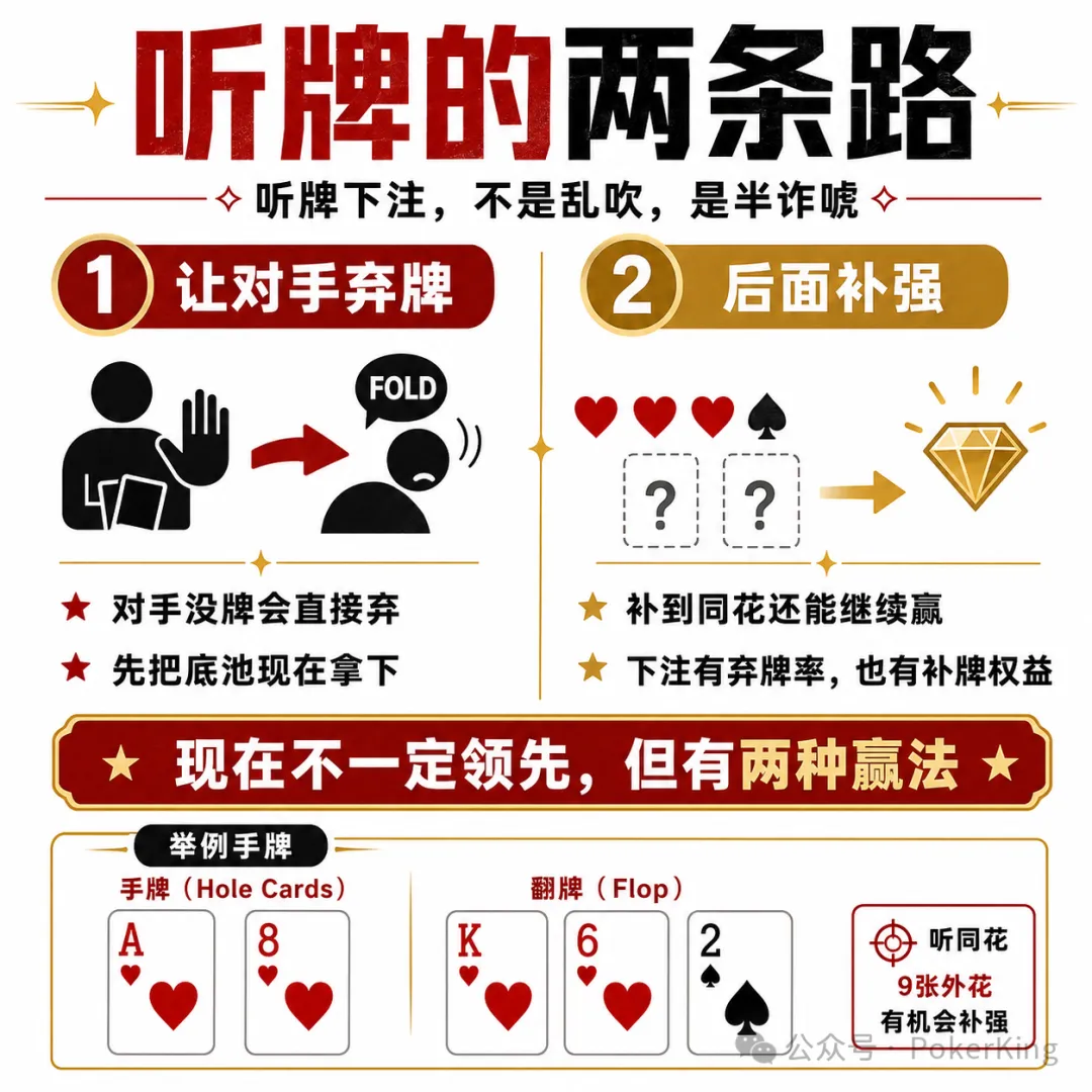 【EV扑克】听牌到底该不该下注？记住这八个字：单挑就打，人多就缩